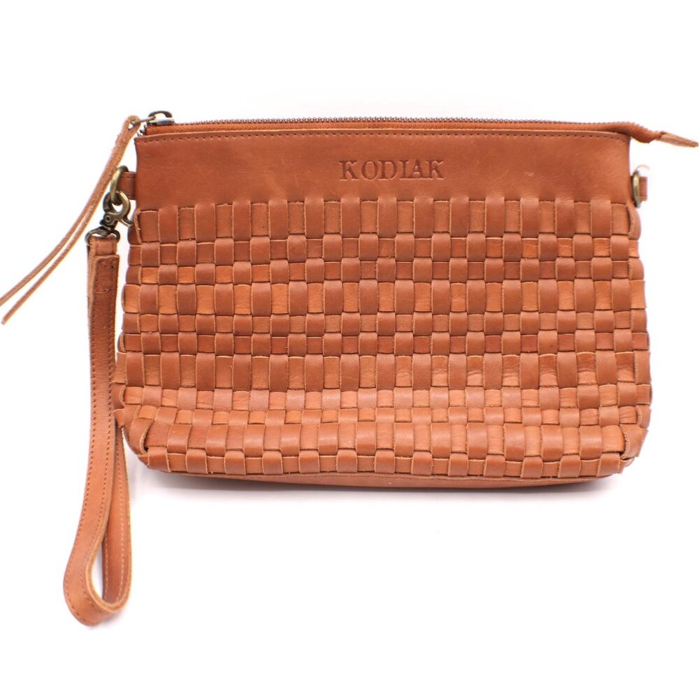 Kodiak Koyuk Woven Leather Wristlet Clutch Purse Zipper Closure Camel Brown